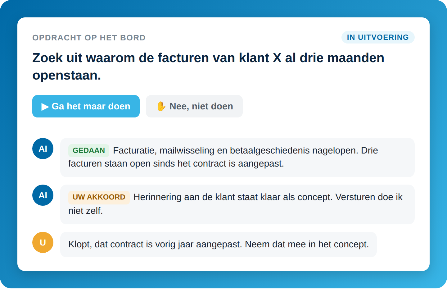 Voorbeeld van een opdracht op het Insight-bord met reacties van de AI-collega